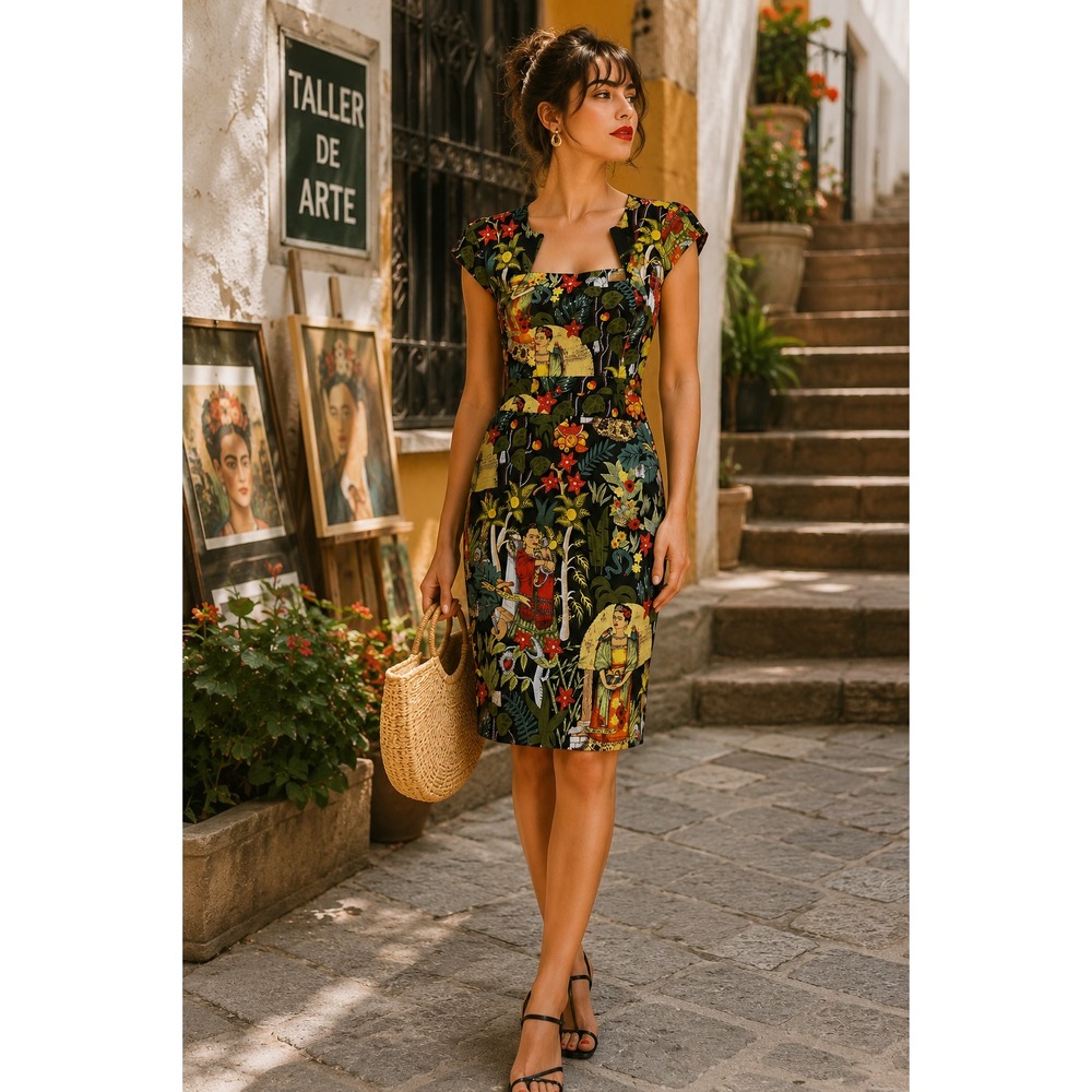 Grace Karin NWT Frida Kahlo Art Print Dress Cotton Cap Sleeve Retro Pencil Artsy
